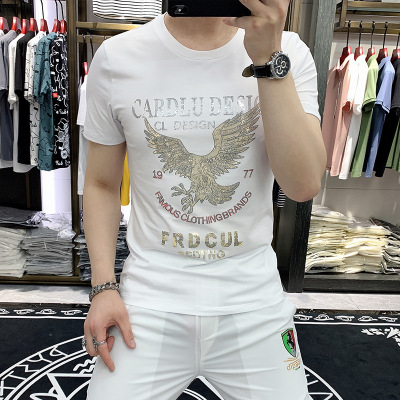 夏季新款短袖T恤男韩版潮流修身老鹰亮片烫金潮牌帅气丝光棉半袖_1