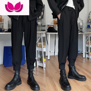 七斓搭配马丁靴裤子男士魔术贴西裤男痞帅加绒束脚网红哈伦休闲裤