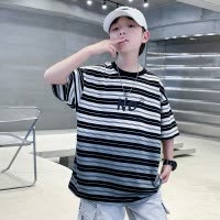 童装男童夏季短袖T恤中大童条纹半袖儿童休闲渐变体恤男孩上衣潮