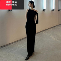 YIBUSHENG欧美风设计感绑带露肩无袖连衣裙女季气质高腰修身显瘦过膝长裙