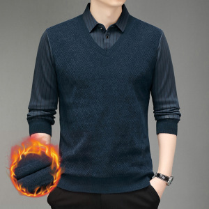 加绒条纹男士假两件T恤长袖秋冬衬衫领爸爸商务休闲打底衫男上衣