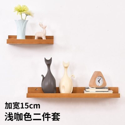 美帮汇客厅墙上置物架卧室壁挂电视背景墙装饰架一字实木板简约现代书架 浅咖色两件套