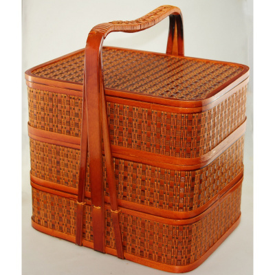 竹编篮子阿斯卡利(ASCARI)酒店用送餐篮食盒提篮外卖手提篮三层提筐竹篮