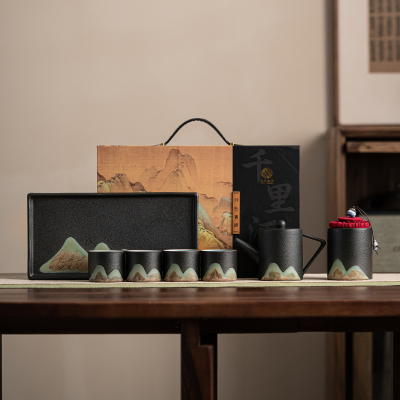 苏氏陶瓷手绘彩画整套茶具配干泡茶盘小茶叶罐7件功夫茶杯子茶具礼盒套装