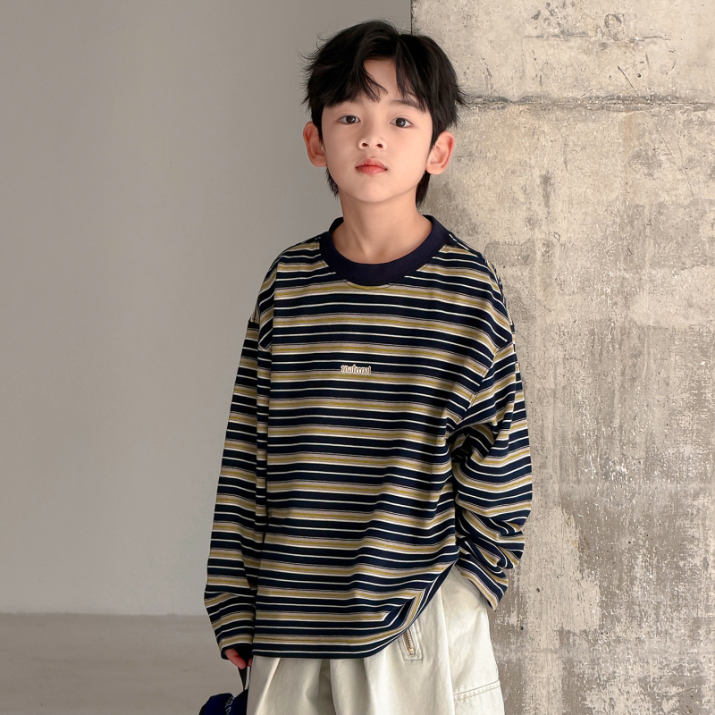 男童长袖T恤春秋款2026新款大童春装T儿童装痞帅条纹韩系打底上衣