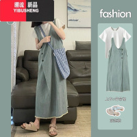 YIBUSHENG季新款长裙盐系轻熟多巴胺梨型身材微胖穿搭连衣裙子两件套装女