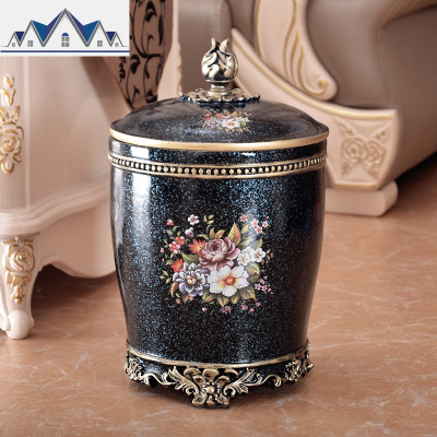 欧式非脚踏树脂垃圾桶家居创意客厅卫生间桌面收纳桶大号家用带盖 三维工匠