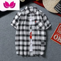 七斓夏季薄款格子衬衫男短袖韩版修身情侣潮流帅气衬衣青少年休闲寸衫