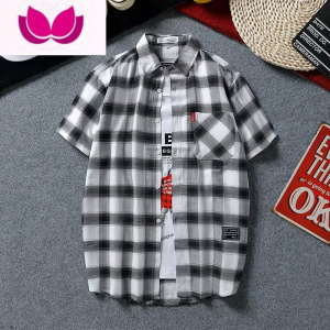 七斓夏季薄款格子衬衫男短袖韩版修身情侣潮流帅气衬衣青少年休闲寸衫