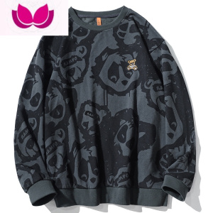 七斓秋季宽松小熊满印圆领卫衣男女ins港风嘻哈潮牌套头情侣长袖上衣
