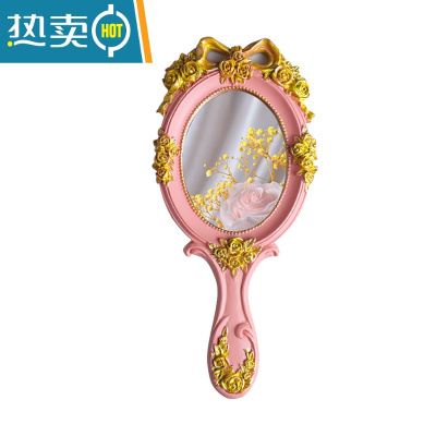 敬平创意复古欧式手持化妆镜木质手柄镜子学生镜公主镜美容院花纹便携便携式用镜 手柄镜描金[粉]