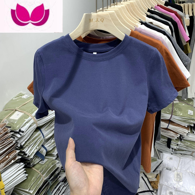 七斓正肩圆领宽松短款短袖t恤女早夏季小个子内搭打底衫上衣