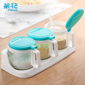 茶花(CHAHUA)三组圆形玻璃调味瓶调料盒架盐罐大号盐盒300ML*3颜色随机 6016