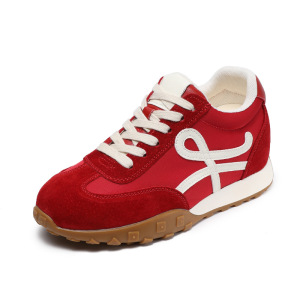 红色厚底德训鞋女鞋新款夏季真皮复古轻便内增高阿甘运动鞋女