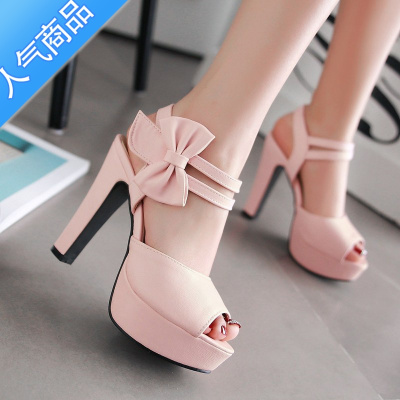 SUNTEK小码32 33大码40 41 42 43防水台高跟女凉鞋粗跟蝴蝶结鱼嘴女鞋子