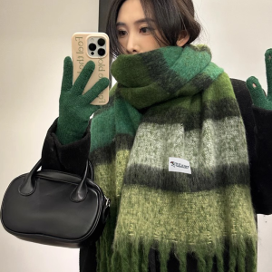 啄木鸟2025春新款黑灰色条纹围巾女保暖韩版时尚百搭防寒加厚围脖