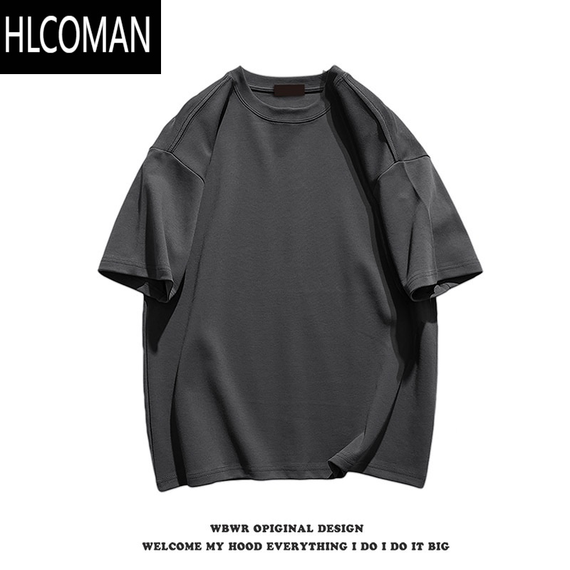 HLCOMAN美式复古深灰色短袖t恤男夏季潮牌基础款tee宽松正肩上衣