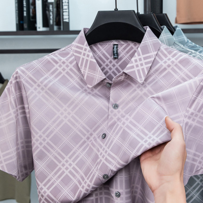 春夏新款男士桑蚕丝条纹短袖衬衫商务休闲免烫翻领百搭衬衣