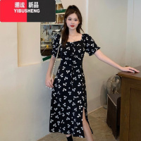 YIBUSHENG大码女装收腰显瘦碎花裙2024款胖mm方领泡泡袖长短款开叉连衣裙