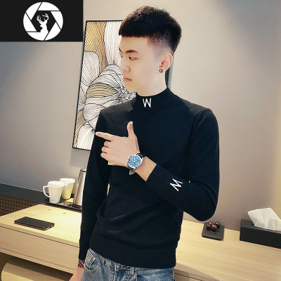 HongZun男士半高领圆领字母提花套头毛衣网红潮牌韩版修身打底衫秋冬男装毛衣