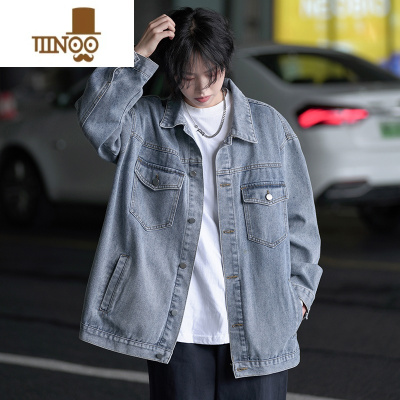 YANXU牛仔外套男港风ins潮牌宽松休闲上衣服做旧复古痞帅工装夹克