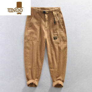 YANXU苎麻直筒工装裤男夏季薄款日系透气棉麻腰带宽松休闲裤潮流亚麻裤