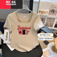 YIBUSHENG百搭正肩弧形下摆短袖t恤女季方领辣妹修身显瘦高腰短款上衣ins