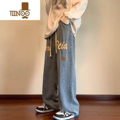 YANXU高街美式发泡字母牛仔裤男新款街头hiphop宽松直筒阔腿长裤子