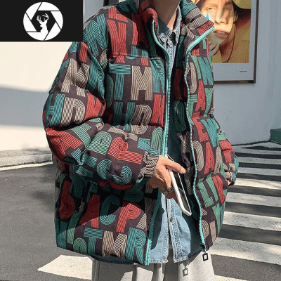 HongZun拼色字母面包服男韩版冬季潮流胖子加厚大码宽松立领棉衣棉服外套棉衣