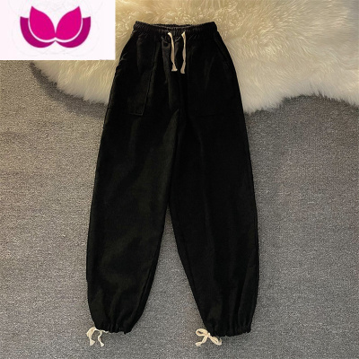 七斓2023秋季纯色坠感bf裤脚抽绳设计宽松灯芯绒束脚原宿风港味休闲裤