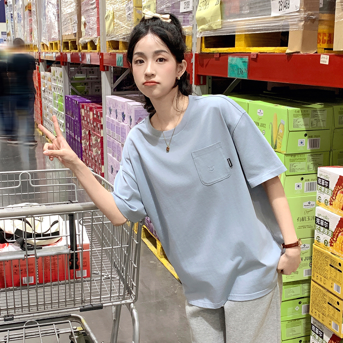 [2.5折价46.7元叠加优惠券]唐狮夏季女圆领左胸口袋笑脸中短袖T恤简约百搭减龄学院风潮