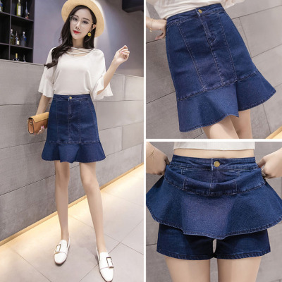 暖青汇胖mm半身裙2020秋季新款加大码防走光弹力牛仔鱼尾裙女短裤裙潮裙半身裙