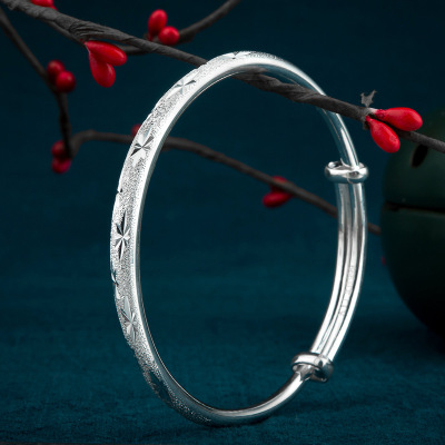 银手镯S999纯银手镯女款时尚满天星推拉银镯子银饰品送女友