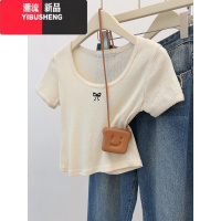 YIBUSHENG美式U领蝴蝶结刺绣短袖t恤女季小个子显瘦体恤短款修身减龄上衣