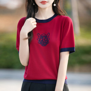 福字针织短袖女夏季新款大码女装拼色薄款上衣设计感圆领天丝T恤