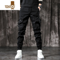 YANXU潮牌男士工装裤韩版修身束脚痞帅长裤百搭美式多袋黑色裤子