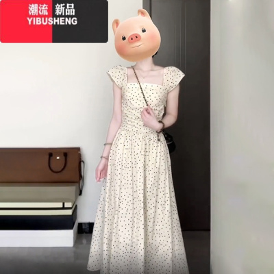 YIBUSHENG法式小飞袖方领波点连衣裙子女装2024新款季小众韩系高级感长裙