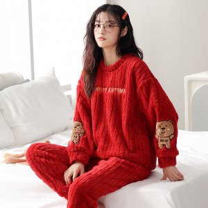 啄木鸟新款珊瑚绒睡衣女加绒加厚冬季休闲家居服保暖套装女可外穿