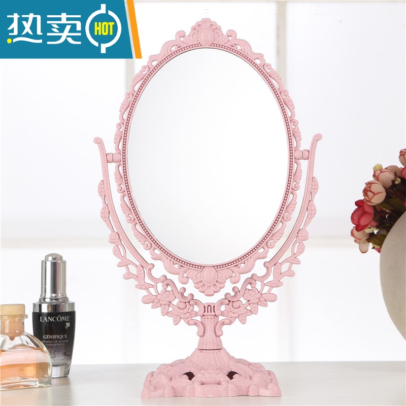 敬平台式化妆镜子 欧式镜子 双面梳妆镜 大号镜子 便携公主镜 新款便携式用镜 椭圆形(特大号/粉色)