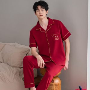 大红色睡衣纯棉春夏季男士短袖长裤新婚结婚大码本命年家居服套装