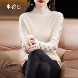 秋冬季新款貂绒衫女装半高领修身短款保暖拼色打底毛衣针织衫
