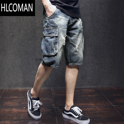 HLCOMAN美式破洞工装牛仔短裤男士夏季薄款广州新塘中裤宽松大码五分裤潮