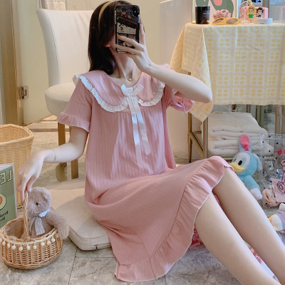 SUNTEK睡衣女夏季棉睡裙短袖韩版可爱公主风薄款夏天大码可外穿家居服