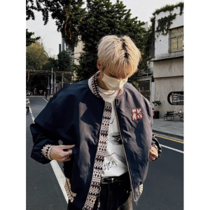 年新款冬季宽松加棉加厚情侣棒球服设计感外套民族风提花棉服