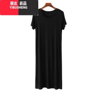 YIBUSHENG莫代尔圆领连衣裙女中长款开叉短袖T恤裙宽松打底裙大码休闲裙