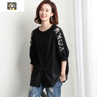 暖青汇大码宽松假两件圆领卫衣女中长款女装2020春装新款欧洲站洋气上衣卫衣