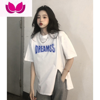 七斓短袖T恤女夏季2023新款设计感小众开叉气质黑色宽松ins上衣潮