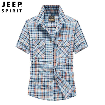 JEEPSPIRIT吉普男士衬衫纯棉格子短袖衬衣时尚版型半袖夏装上衣jeep中青年男装