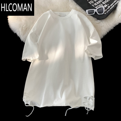 HLCOMAN白色t恤短袖男2025夏季新款破洞设计感纯色简约cleanfit圆领半袖