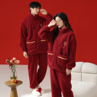 情侣睡衣秋冬季珊瑚绒本命年喜庆结婚大红色一男士一女家居服套装